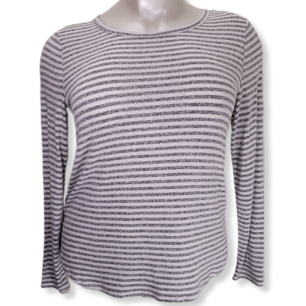 Old Navy Womens XL Sweater Gray White Striped Long Sleeve Scoop Neck Lightweight